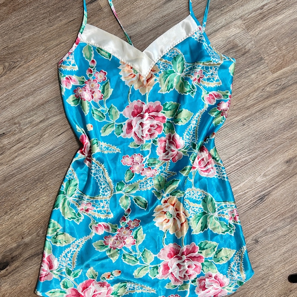 Y2K Blue Floral Satin Slip Dress